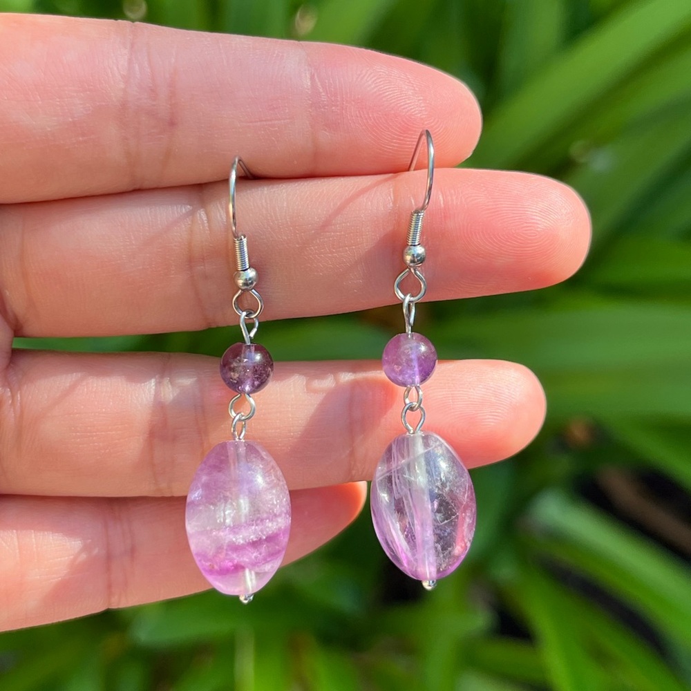 Stainless steel purple fluorite drop earrings 0317‎